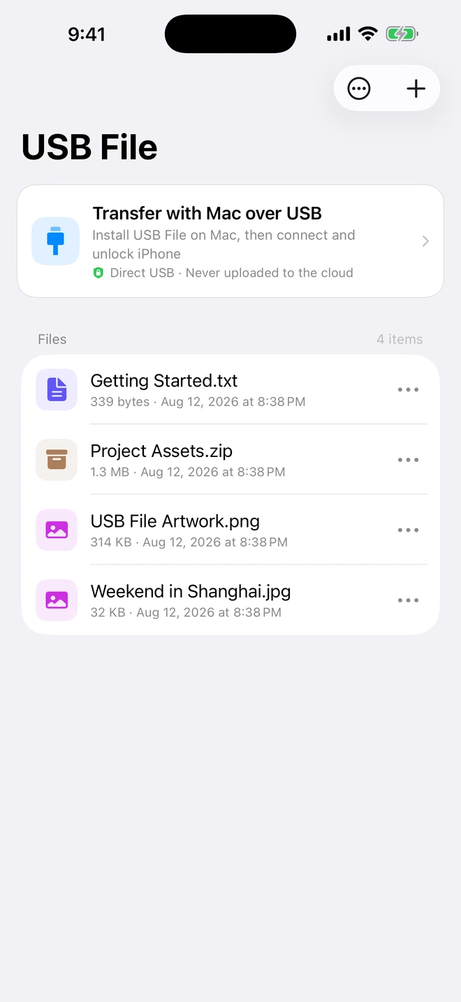 USB File on iPhone showing four files