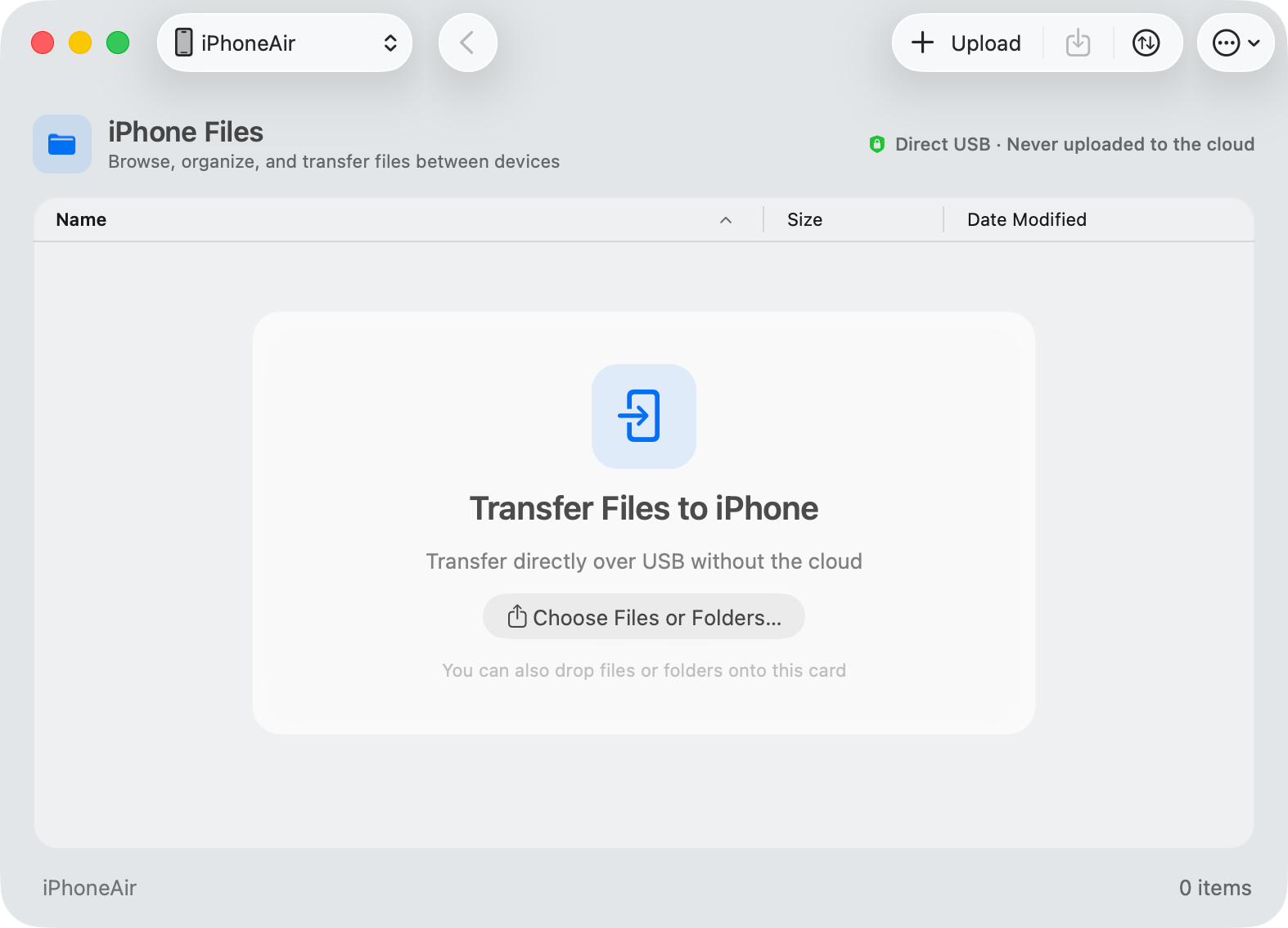 USB File Mac 界面，显示 iPhone 中的文件